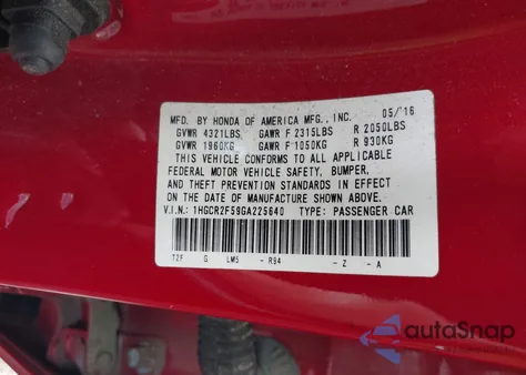 2016 Honda Accord Sport from USA, damaged, VIN 1HGCR2F59GA225640
